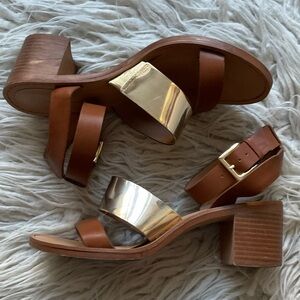 Zara Trafaluc Brown Metallic Gold Ankle Wrap Double Strap Heeled Sandals Size 38